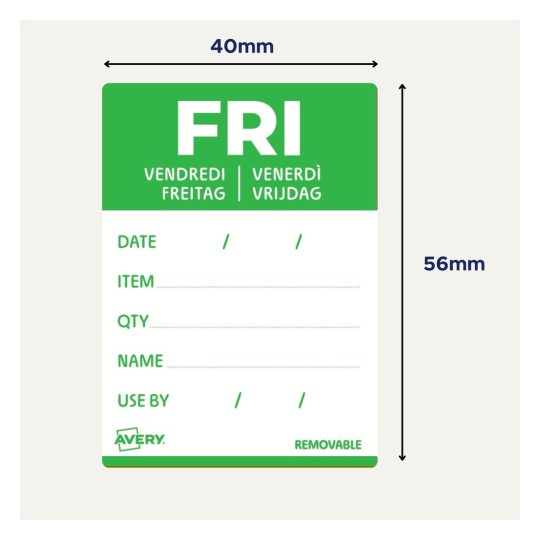 Irrotettava etiketti, jossa on kentät 'Päivämäärä', 'Tuote', 'Määrä', 'Nimi' ja 'Käytettävä viimeistään', ja jossa on merkintä 'PE' useilla kielillä.