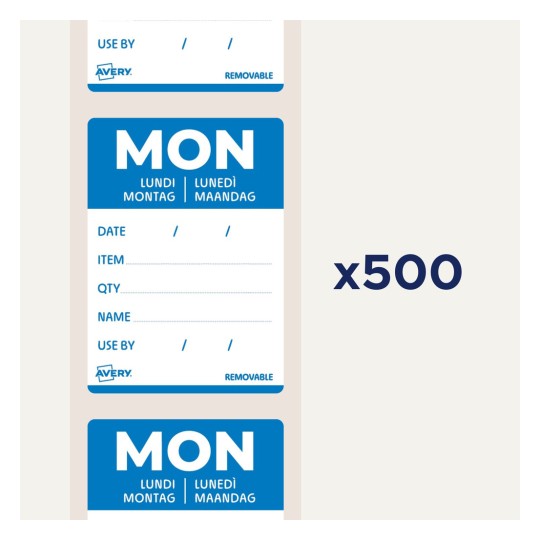 Kuvassa näkyy irrotettavia tarroja, joissa lukee suurilla kirjaimilla 'MON', sekä osiot päivämäärälle, tuotteelle, määrälle, nimelle ja huomautus 'x500'.