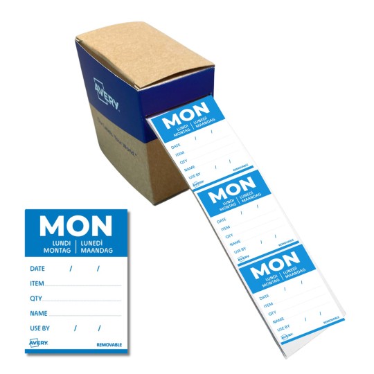 Kuvassa on irrotettavien etikettien laatikko, joiden sinisellä taustalla on merkintä 'MA' sekä tilaa päivämäärälle, tuotteelle, määrälle, nimelle ja viimeiselle käyttöpäivälle.