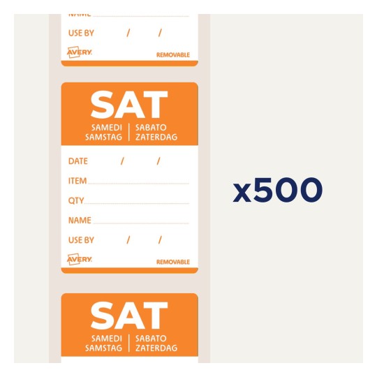 Kuva esittää useita etikettiluonnoksia riveillä, jotka on merkitty 'LA', ja yksityiskohtia kuten päivämäärä, nimi, tuote, määrä ja käyttöaika. Se on Avery:n irrotettava etikettilomake.