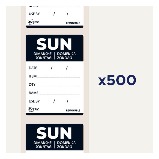 Kuva sisältää Avery-tarroja, joissa on merkintä "SUN" ja tilaa päivämäärälle, tuotteelle, määrälle, nimelle ja viimeiselle käyttöpäivälle. Mukana on useita tarroja, yhteensä 500.