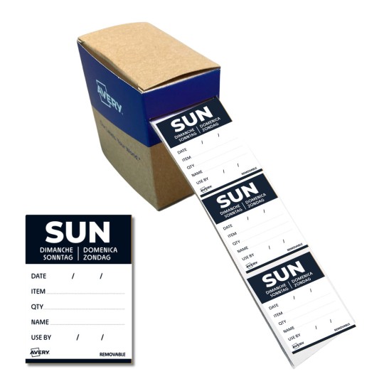 Kuva näyttää Avery-muistilappupakkauksen, jossa näkyvät etiketit, joissa on korostettuna sana 'SUN' sekä kohdat päivämäärälle, tuotteelle, määrälle, nimelle ja viimeiselle käyttöpäivälle.