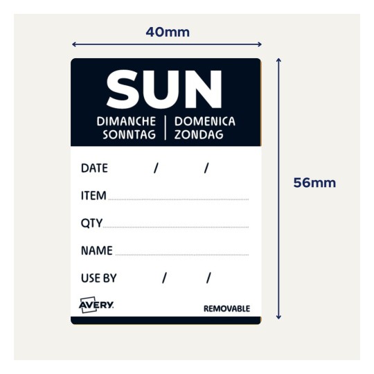 Tarra, jonka yläosassa on sana 'SUN', sisältää osiot päivämäärälle, tuotteelle, määrälle, nimelle ja viimeiselle käyttöpäivälle. Se on Avery-merkkinen irrotettava tarra.
