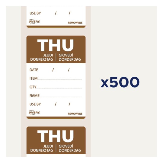 Kuvassa irrotettavat tarrat, joissa on sana 'TO' sekä kentät päivämäärälle, tuotteelle, määrälle, nimelle ja viimeiselle käyttöpäivälle. Tarrat ovat Averyn ja niitä on määrä 500.