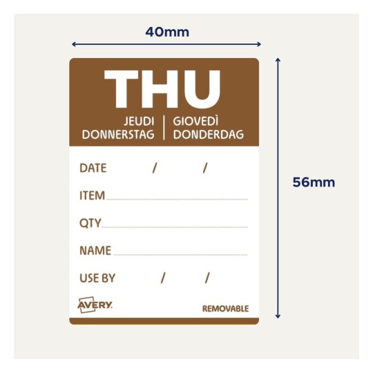 Kuva näyttää tarran torstaille useilla kielillä, ja siinä on paikat päivämäärän, tuotteen, määrän, nimen ja käytettävä viimeistään -tietojen täyttämistä varten. Tarran leveys on 40 mm ja korkeus 56 mm.