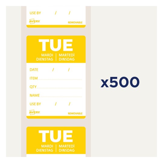 Kuva sisältää Avery-merkkisiä irrotettavia tarroja. Ne ovat keltaisia ja niissä on kohdat 'PÄIVÄYS', 'ESINE', 'MÄÄRÄ', 'NIMI' ja 'KÄYTETTÄVÄ VIIMEISTÄÄN'. Taroissa lukee 'TIISTAI' sekä englanniksi että ranskaksi.