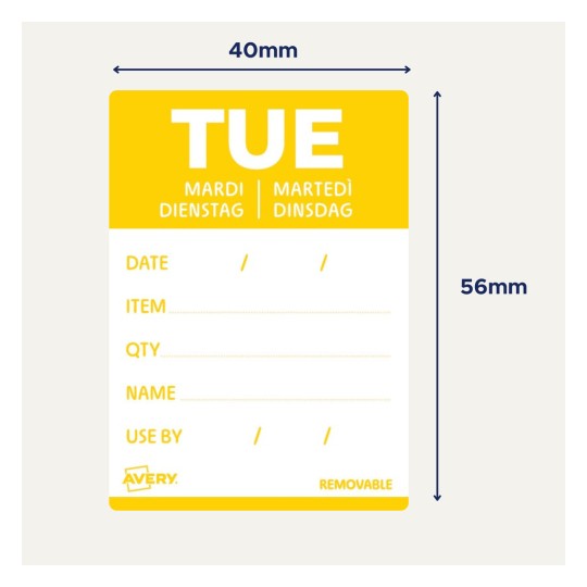 Keltainen etiketti, jonka yläosassa on merkintä 'TUE', ja jossa on osiot päivämäärälle, tuotteelle, määrälle, nimelle ja käyttöpäivämäärälle, sekä mitat merkittyinä millimetreinä.