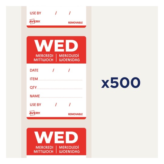 Kuva näyttää irrotettavat etiketit, joissa on punainen tausta ja joissa lukee "KE," sisältäen tilat päivämäärälle, tuotteelle, määrälle, nimelle ja "käytettävä viimeistään" -osio. Siinä mainitaan määränä "x500."