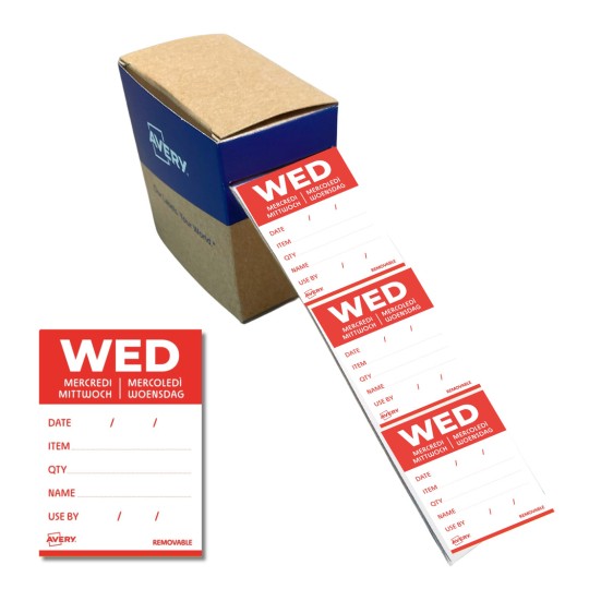 Kuva näyttää Averyn irrotettavien tarrojen laatikon. Tarraset ovat punaisia ja niissä on sana 'KESKIVIIKKO', ja niissä on tilaa päivämäärälle, tuotteelle, määrälle, nimelle ja viimeiselle käyttöpäivälle.
