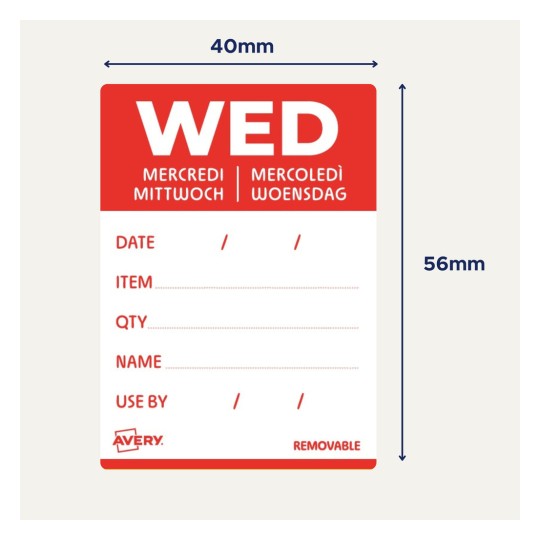 Kuvassa on irrotettava Avery-etiketti, jossa on kentät päivämäärälle, tuotteelle, määrälle, nimelle ja viimeiselle käyttöpäivälle. Siinä on näkyvästi sana 'KE' ja se on suunniteltu punaiseksi.