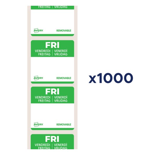 Irrotettavien Avery-tarrojen sarja, joissa on merkintä 'FRI' useilla kielillä, määränä 1000 kappaletta.