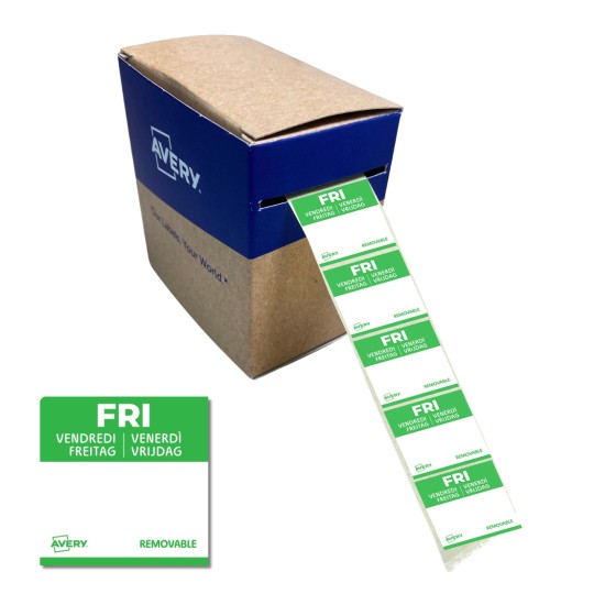 Kuva näyttää Averyn irrotettavien etikettien laatikon, jossa etiketit esittävät sanan 'PE' useilla kielillä.