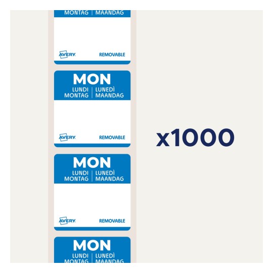Kuva esittää pinon maanantai-käyttöön tarkoitettuja irrotettavia tarroja useilla kielillä, yhteensä 1000 tarraa. Jokaisella tarralla on sininen design ja Avery-logo.