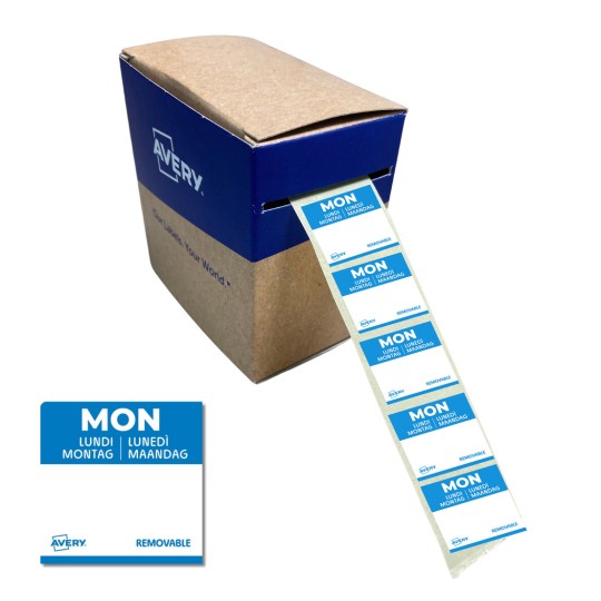 Avery-kertakäyttö-etiketit sisältävä laatikko, jossa sana 'MA' on useilla kielillä, ja etiketit osittain ulkona laatikosta.