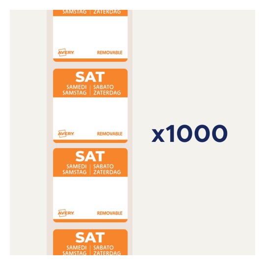 Kuva esittää irrotettavia tarroja, joissa on sana 'SAT' oranssilla ja käännöksiä eri kielillä. Se osoittaa määrän 1000.