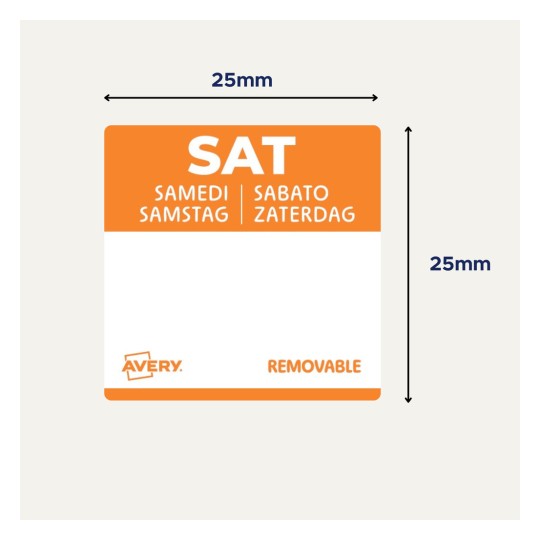Oranssi tarra, jossa korostetaan 'SAT' useilla kielillä: ranska, saksa, hollanti ja italia, mikä osoittaa, että se on irrotettava Avery-tarra, mitat 25 mm x 25 mm.