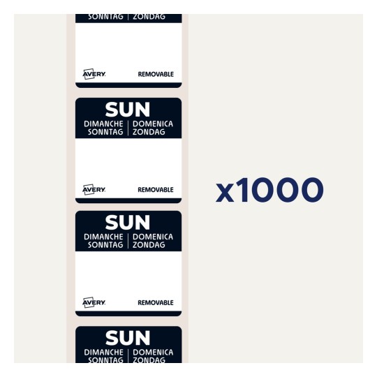 Irrotettavien tarrojen arkki Averylta, jossa on sana 'SUN' eri kielillä tarkoittaen sunnuntaita, merkinnällä 'x1000'.