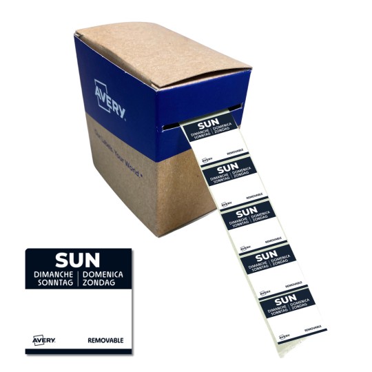 Kuva esittää laatikkoa Averyn irrotettavia tarroja, joissa sana 'SUN' on useilla kielillä, ja tarranauha on osittain näkyvissä.
