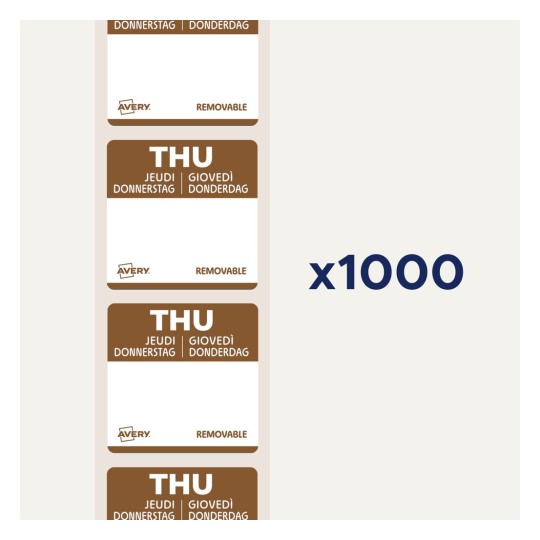 Kuvassa on arkillinen irrotettavia tarroja, joissa lukee 'THU' ja käännökset useilla kielillä. Arkilla on useita tarroja ja merkintä 'x1000'.