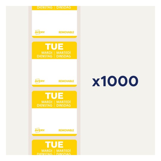 Kuvassa on arkillinen tiistaita varten tarkoitettuja irrotettavia etikettejä useilla kielillä, mukaan lukien englanti, saksa, ranska ja tanska, ja siinä on maininta, että etiketit ovat yhteensä 1000 kappaletta.