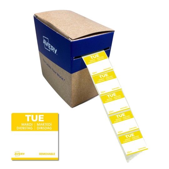 Avery-tarrojen laatikko, joka on suunniteltu tiistaiksi, ja jossa on keltaisella sana 'TUE'. Tarrat ovat irrotettavia ja niissä on tiistain nimi useilla kielillä.