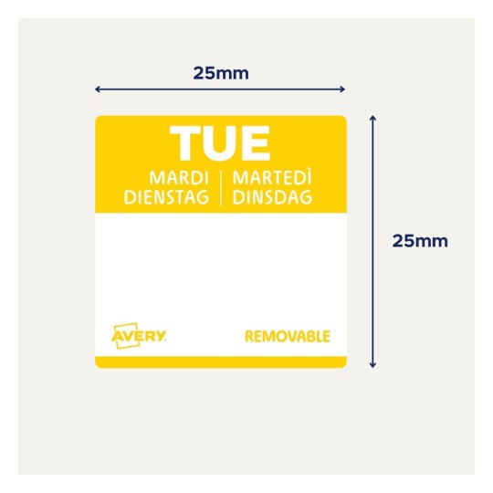 Keltainen muistilappu, jossa lukee 'TUE' ja käännökset ranskaksi ja saksaksi, kooltaan 25 mm x 25 mm, valmistajana Avery, merkitty irrotettavaksi.
