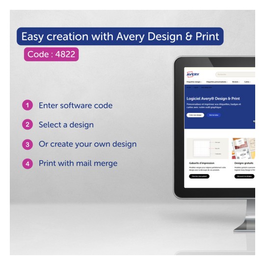 Kuva esittää tietokoneruudun, jossa näkyy Avery Design & Print -ohjelmisto ja ohjeet helppoon luomiseen. Se luettelee seuraavat vaiheet: syötä ohjelmistokoodi, valitse suunnittelu, luo oma suunnittelusi ja tulosta yhdistämällä postit.