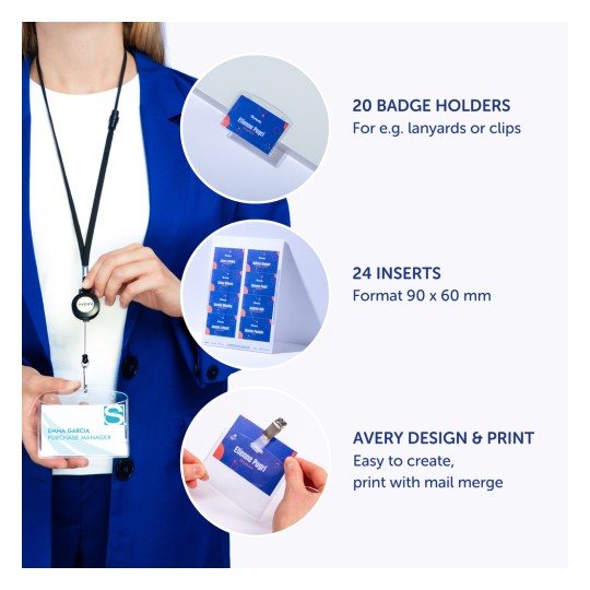 Kuvassa on nainen sinisessä bleiserissä, joka pitelee nimikorttikoteloa, jossa on näkyvät nimi ja titteli. Ympäröivissä kuvissa on nimikorttikoteloita, lisäosia sekä tietoa suunnittelu- ja tulostusvaihtoehdoista.