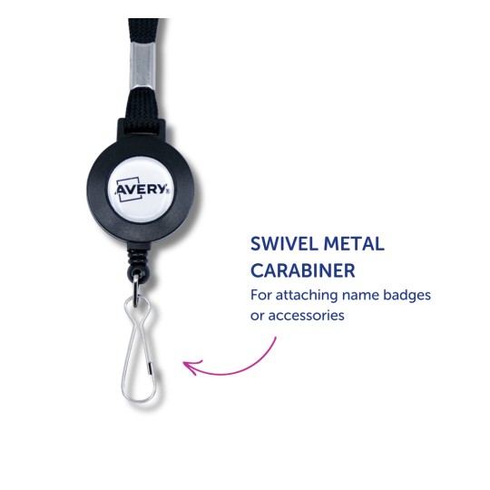 Kuva sisältää kääntyvän metallikarabiinin, joka on suunniteltu kiinnittämään nimikylttejä tai lisävarusteita. Siinä on Avery-logo, ja se korostaa sen toiminnallisuutta.