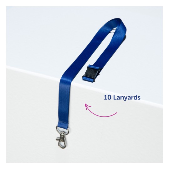 Kuvassa on sininen nauhakaulanauha, jossa on pidike, valkoisella pinnalla. Siinä on etiketti '10 Lanyards' ja nuoli osoittamassa nauhakaulanauhaa.