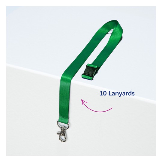 Kuvassa on vihreä kaulanauha, jossa on clip ja solki, valkoisella pinnalla. Kuvassa on merkintä "10 Lanyards" sinisellä tekstillä.