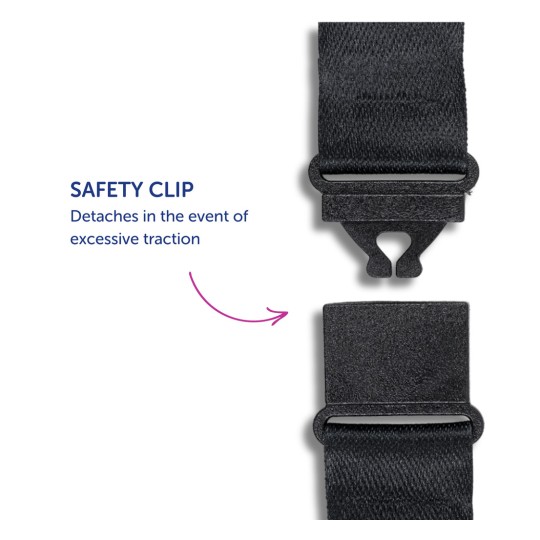 Kuva esittää turvakiinnittimen, joka on suunniteltu irtoamaan liiallisen vedon alla. Se sisältää tekstiä, joka selittää sen toiminnon.