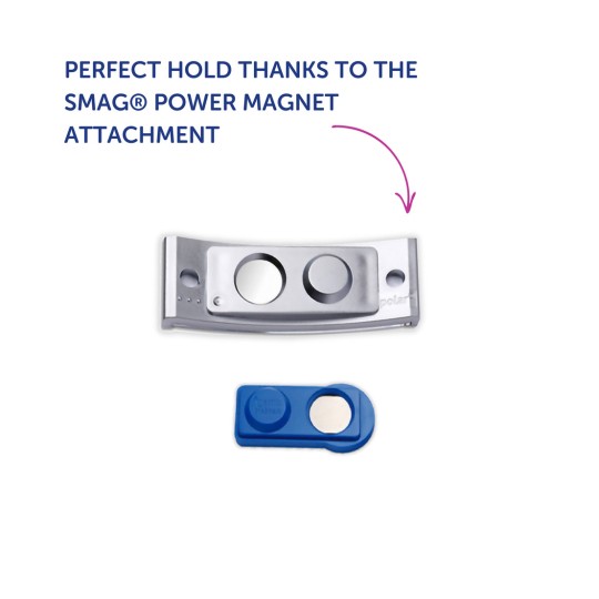 Kuva esittelee SMAG® Power Magnet -kiinnikettä, joka koostuu hopeisesta magneettiosasta ja sinisestä magneettikiinnikkeestä, ja tekstissä korostetaan täydellistä pito-ominaisuutta.
