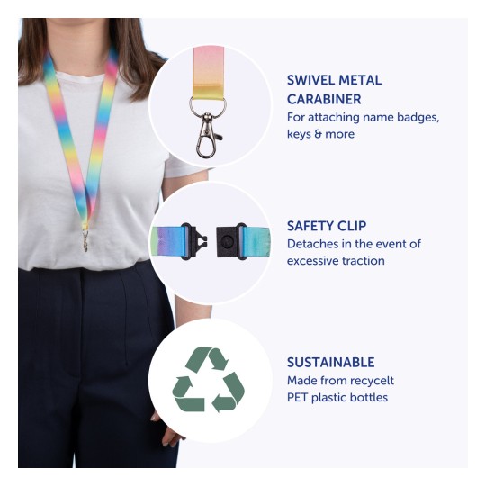 Kuva esittelee värikkään hihnan tai kaulanauhan, jossa on kääntyvä metallinen karabiinihaka, turvaklipsi ja joka painottaa sen kestävää materiaalia, joka on valmistettu kierrätetyistä PET-muovipulloista.