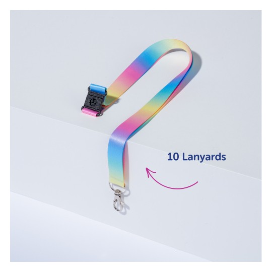 Kuvassa on värikäs pidike klipsillä valkoisella pinnalla, mikä osoittaa 10 lanyardin sarjan.