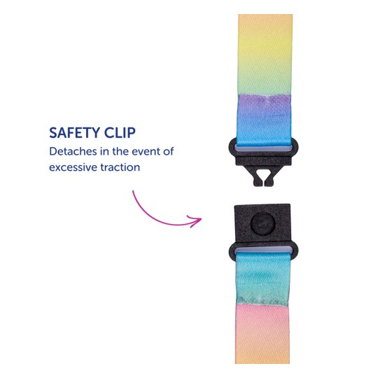 Kuvassa on värikkääseen hihnaan kiinnitetty turvaklipsi, jossa viestinä on, että se irtoaa liiallisen vedon seurauksena.