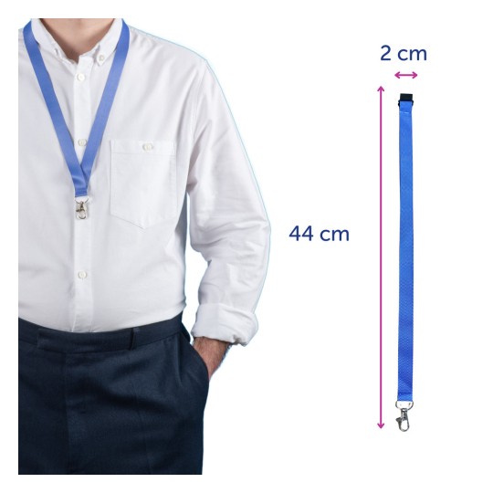 Kuvassa on henkilö, joka on pukeutunut valkoiseen paitaan ja jolla on sininen nauhassa kaulassa, jonka päässä on klipsi. Nauha on 44 cm pitkä ja 2 cm leveä.