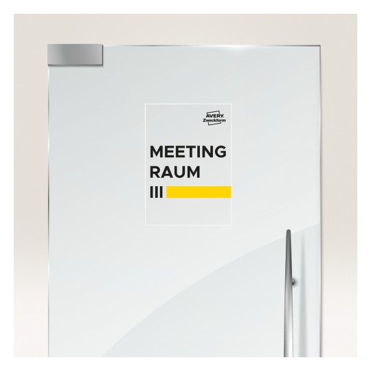Kuvassa on ovi, jossa on kyltti, jossa lukee "MEETING RAUM III", sen vieressä on keltainen palkki ja "Avery Zweckform" -logo.