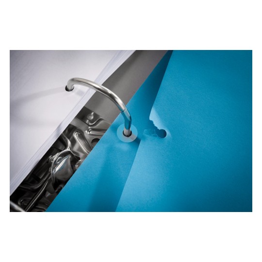 The image shows a close-up of a binder with a metal ring holding a sheet of blue paper that has a small tear near the hole.