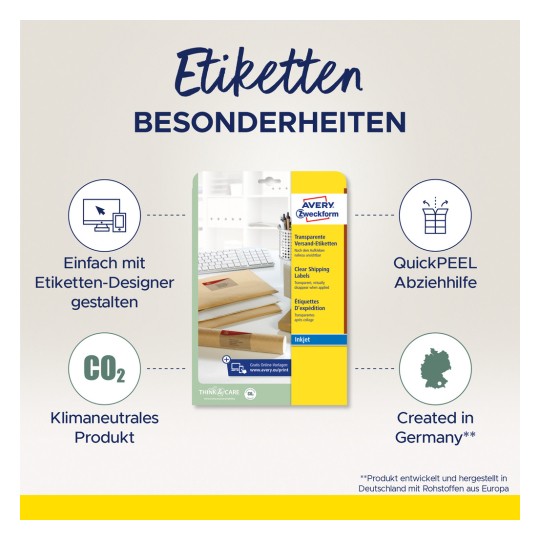 Kuva esittelee Avery Zweckformin läpinäkyvien kuljetusetikettien tuote-esitteen, jossa korostetaan ominaisuuksia, kuten helppo suunnittelu heidän etikettisuunnittelijallaan, CO2-neutraalius, QuickPEEL-apu helppoon irrottamiseen ja että se on valmistettu Saksassa.
