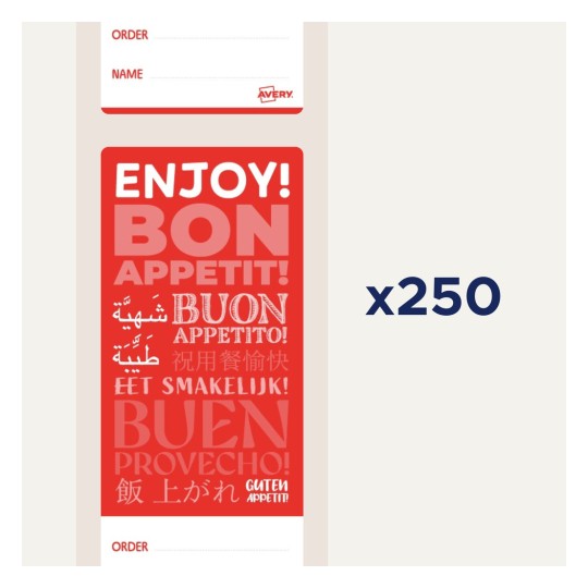 Tässä kuvassa on värikäs etiketti tai tunniste, jossa on teksti 'ENJOY! BON APPETIT!' ja käännöksiä eri kielillä, suunniteltu ruokaan liittyviin konteksteihin.