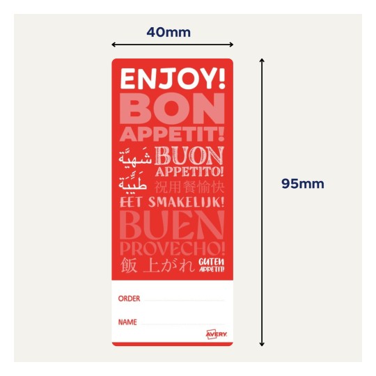 Punainen etiketti tai merkki, jossa on kirjoitettu eri kielillä 'Nauti!' ja 'Bon Appetit!', sekä tilaus- ja nimikentät.