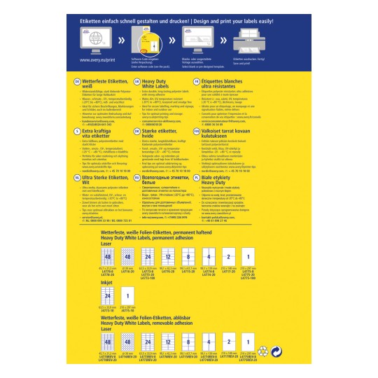Kuva sisältää tietoa Averyn tarjoamista erilaisista etikettityypeistä, mukaan lukien kestävyysmääritykset, liimatyypit ja lämmönkestävyys. Se sisältää osioita useilla kielillä, jotka kuvaavat vaihtoehtoja raskaaseen käyttöön ja pitkäikäisiin etiketteihin, sopien erilaisiin käyttöskenaarioihin, kuten sisä- ja ulkokäyttöön.