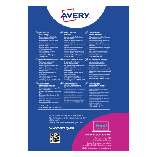Kuva esittää mainoksen Averyn itsetarttuvista nimikyltistä useilla kielillä, mukaan lukien käyttövinkit ja yhteystiedot.