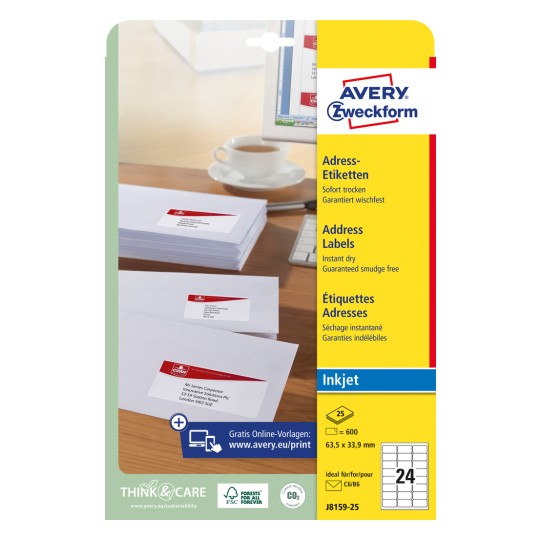 Pakkauskuva: Avery Zweckform Valkoiset Lähetys-Tarrat, mustesuihkutulostimille, Artikkeli: J8159-25, Koko: 63,5 x 33,9 mm, Tulostuskelpoisuus: Mustesuihku, Sisältö: 600 Tarrat / 25 Arkkeja, 24 Tarrat/arkki