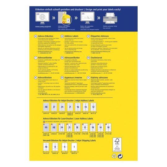 Kuva esittelee erilaisia osoitelappuvaihtoehtoja ja Averyn tulostusvinkkejä. Siinä on tietoa useilla kielillä ja kaavio, jossa on mustesuihku- ja lasertulostimille soveltuvien lappujen mitat.