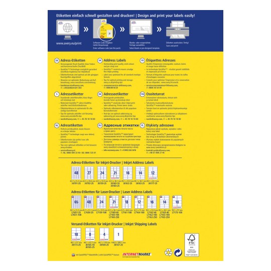 Kuva on opas etikettien suunnitteluun ja tulostamiseen, sisältäen ohjeet useilla kielillä. Siinä on erilaisia etikettikokoja mustesuihku- ja lasertulostimille sekä vinkkejä optimaaliseen käyttöön.