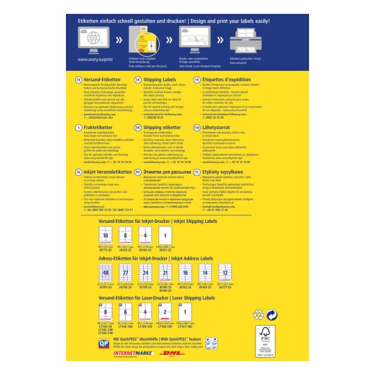 Kuva on Averyltä peräisin oleva etikettien tulostusopas, joka esittelee erilaisia etikettityyppejä, teknisiä tietoja ja tulostusvinkkejä useilla kielillä, kuten saksaksi, englanniksi, ranskaksi ja muilla. Se tarjoaa tietoa lähetystarroista, osoitetarroista sekä niiden suunnittelusta ja tehokkaasta tulostamisesta.