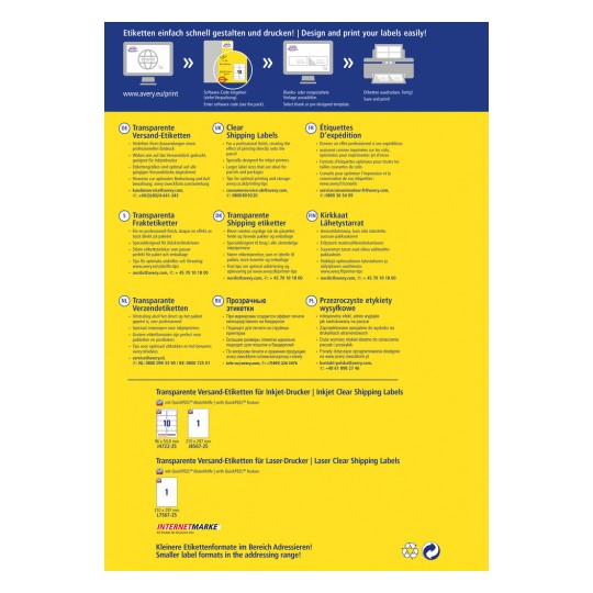 Kuva esittää Averyn kirkkaiden lähetysetikettien mainosopasta, jossa esitellään erilaisia etikketyyppejä muste- ja lasertulostimille. Se sisältää tekstiä useilla kielillä ja tarjoaa ohjeet etikettien suunnitteluun ja tulostamiseen tehokkaasti.