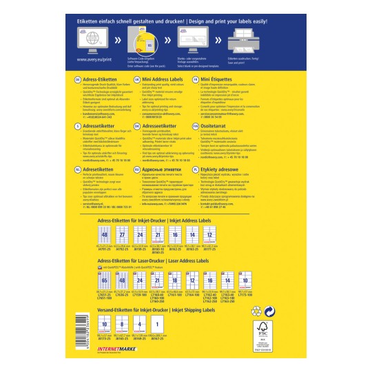 Kuva näyttää oppaan etikettien suunnitteluun ja tulostamiseen käyttäen Avery-tuotteita. Se sisältää ohjeet, vinkit ja tekniset tiedot eri etikettityyppejä varten useilla kielillä.